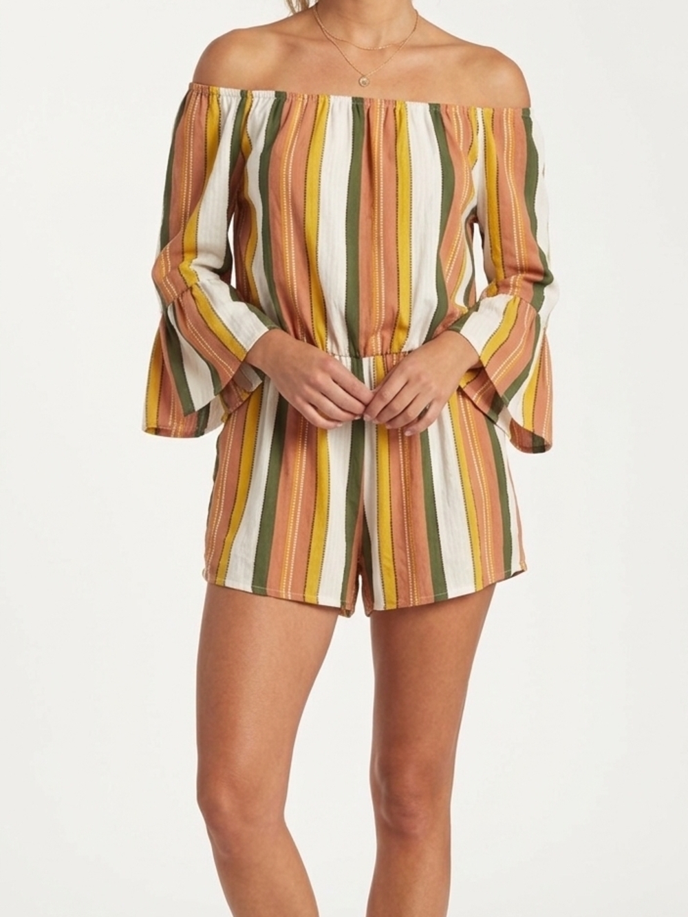&merci Striped Off-Shoulder Romper Shorts in Multi-Color Large
